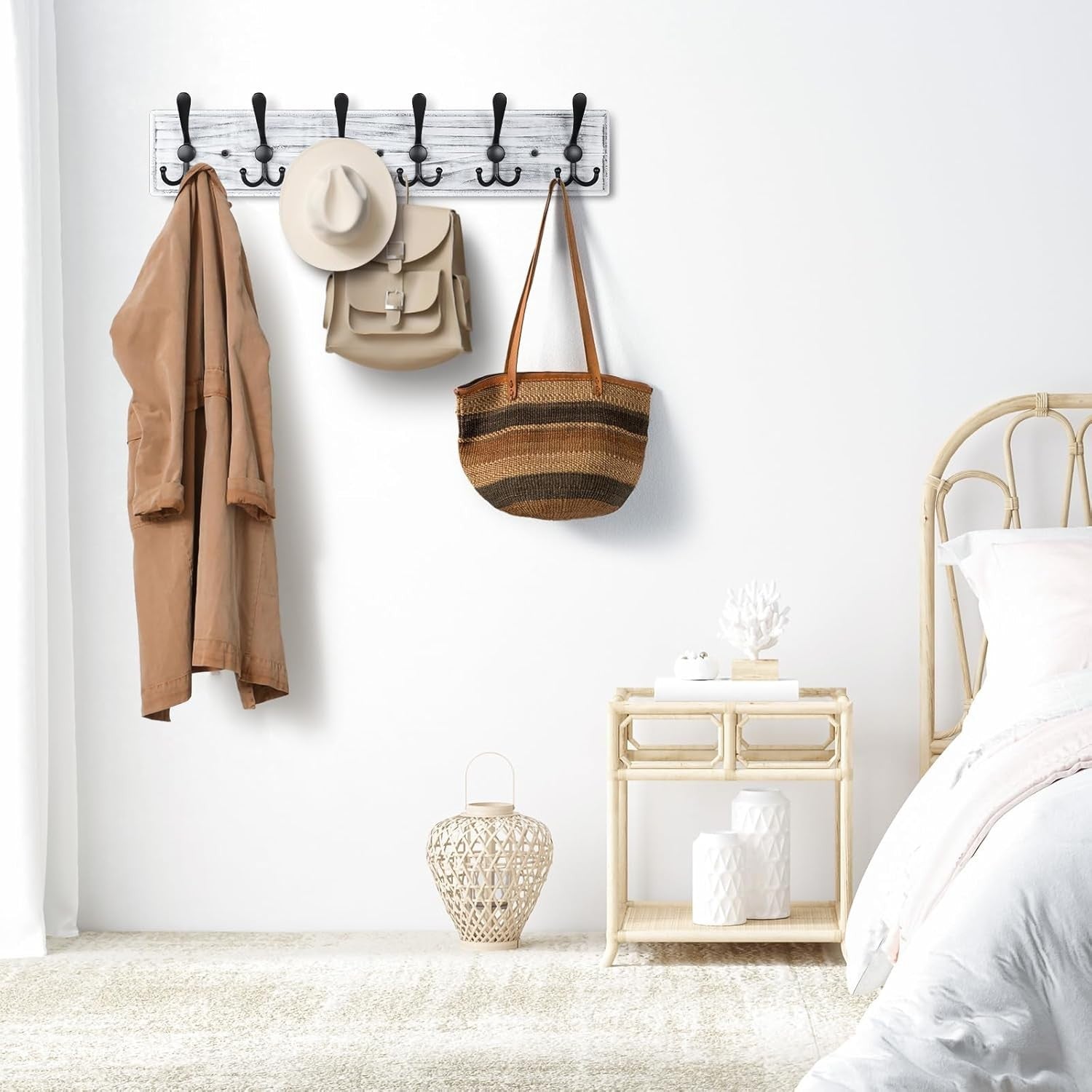 Grey Wooden Wall Mounted Coat Rack | 6 Hook Heavy Duty Hallway Hanger Shelf