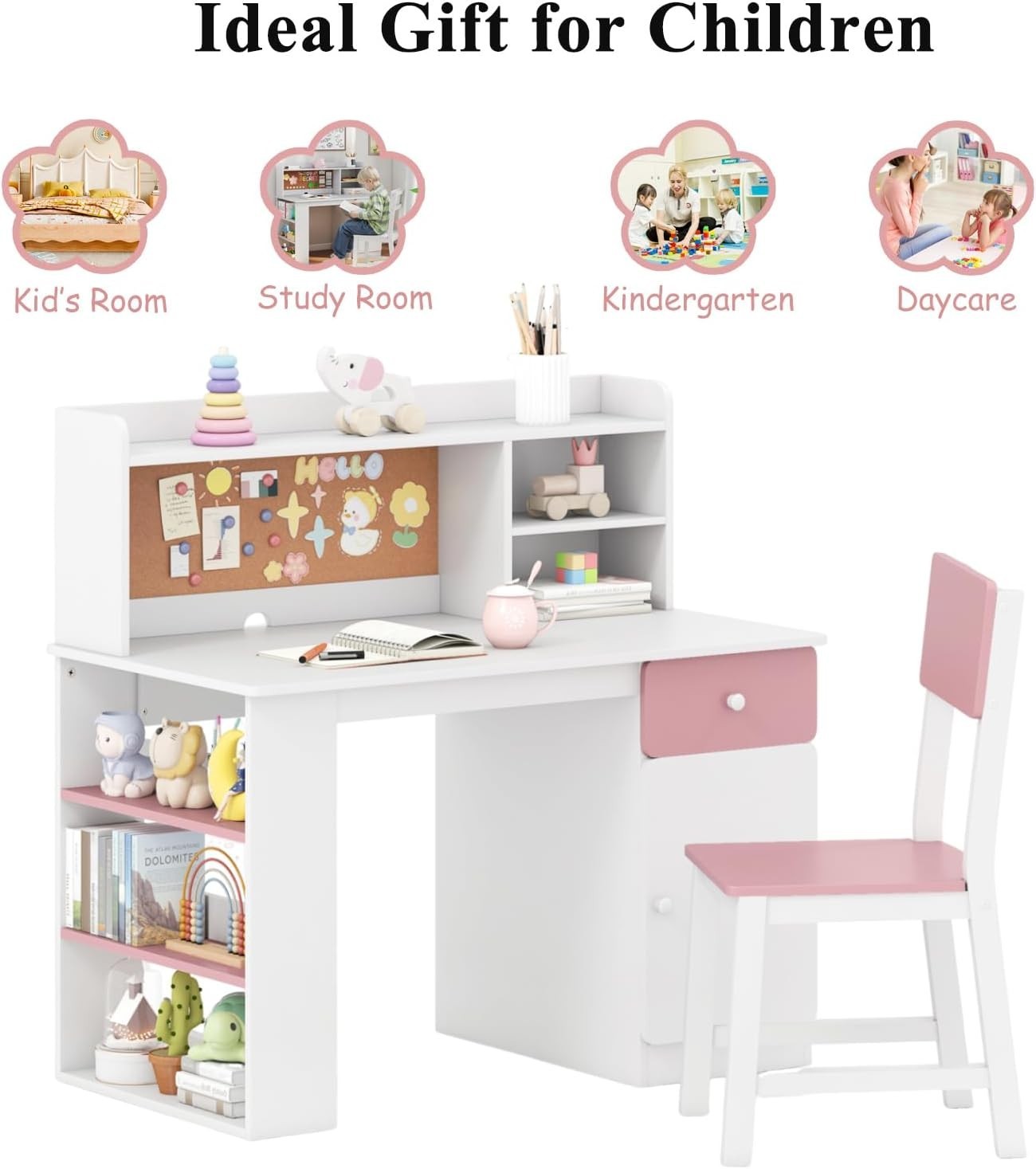 Kids Study Desk & Chair Set Wooden Children’s Table w/ Storage Shelf Pink White