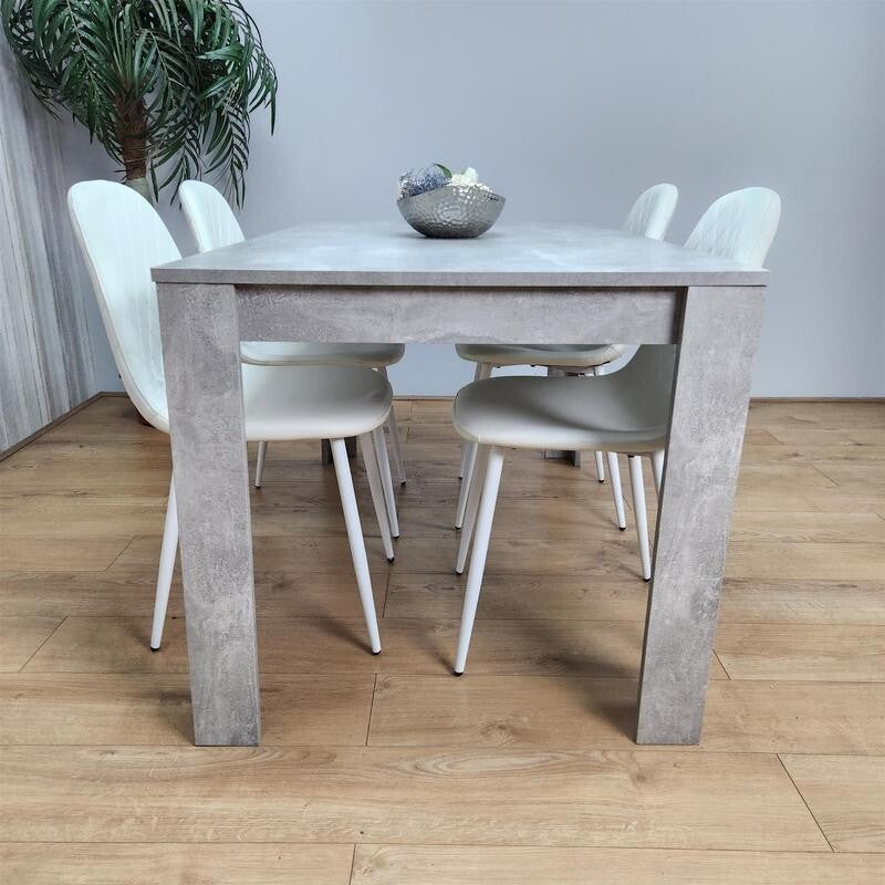 Modern Grey Dining Table Set 4 White Faux Leather Chairs for Kitchen Room