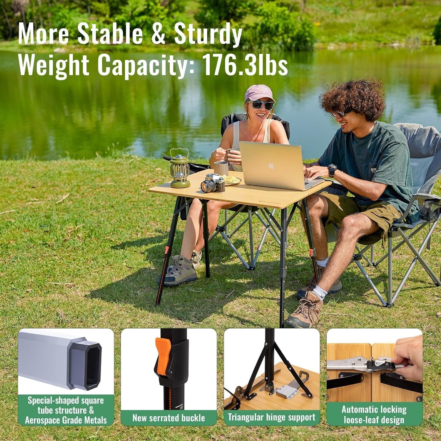 Adjustable Folding Camping Table Bamboo Top Portable Picnic Table 80kg Load