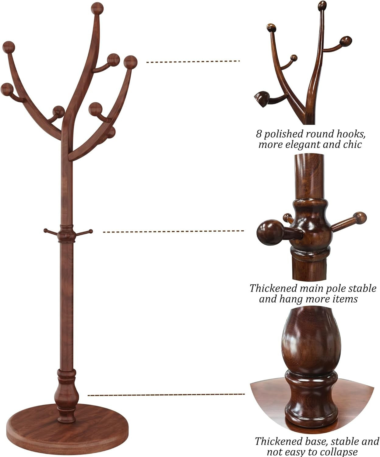 Walnut Wooden Coat Rack Stand 11 Hooks Freestanding Hall Tree with Round Base