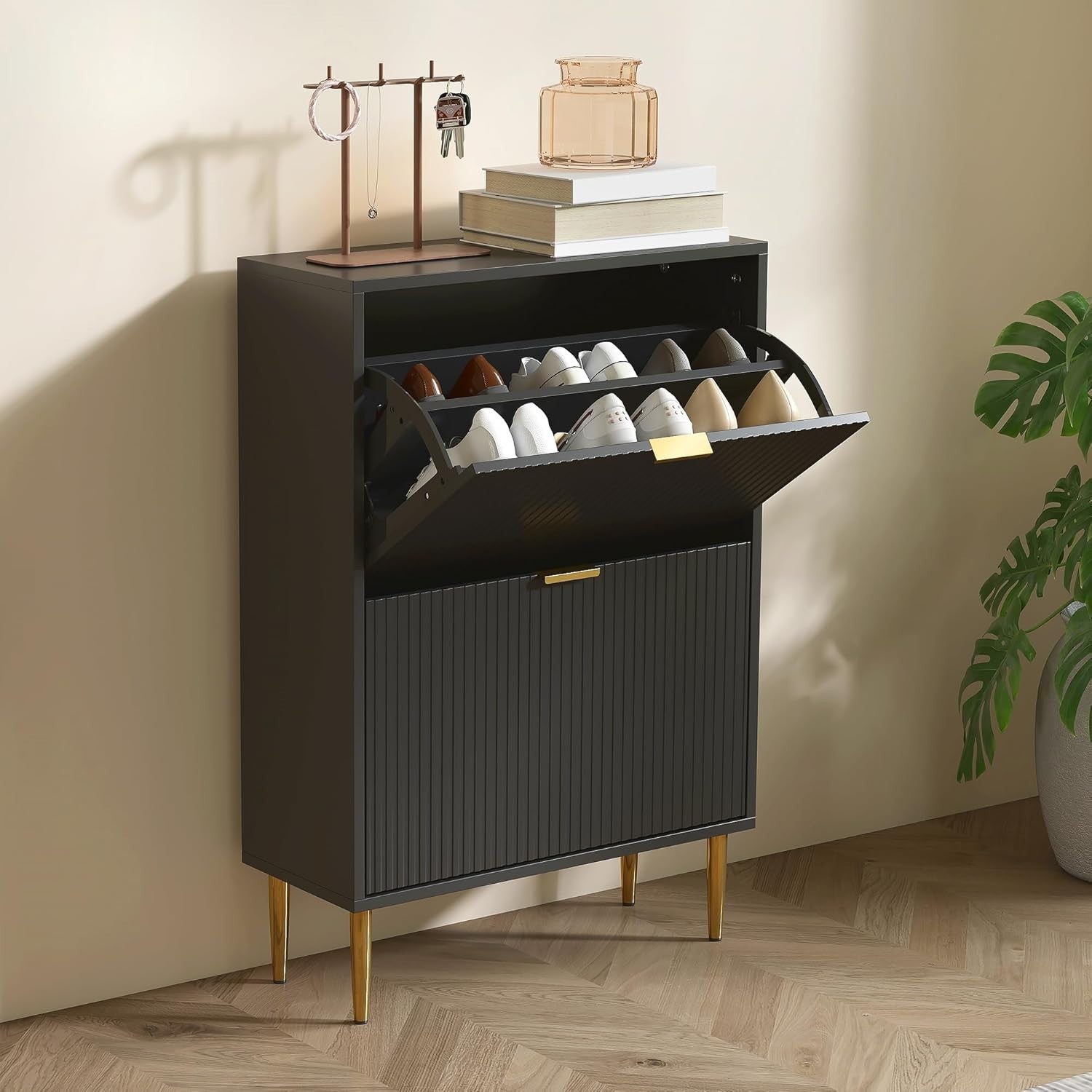 Slim Black Shoe Cabinet 2 Flip Drawers Narrow Hallway Storage Unit 60x24x91.5cm