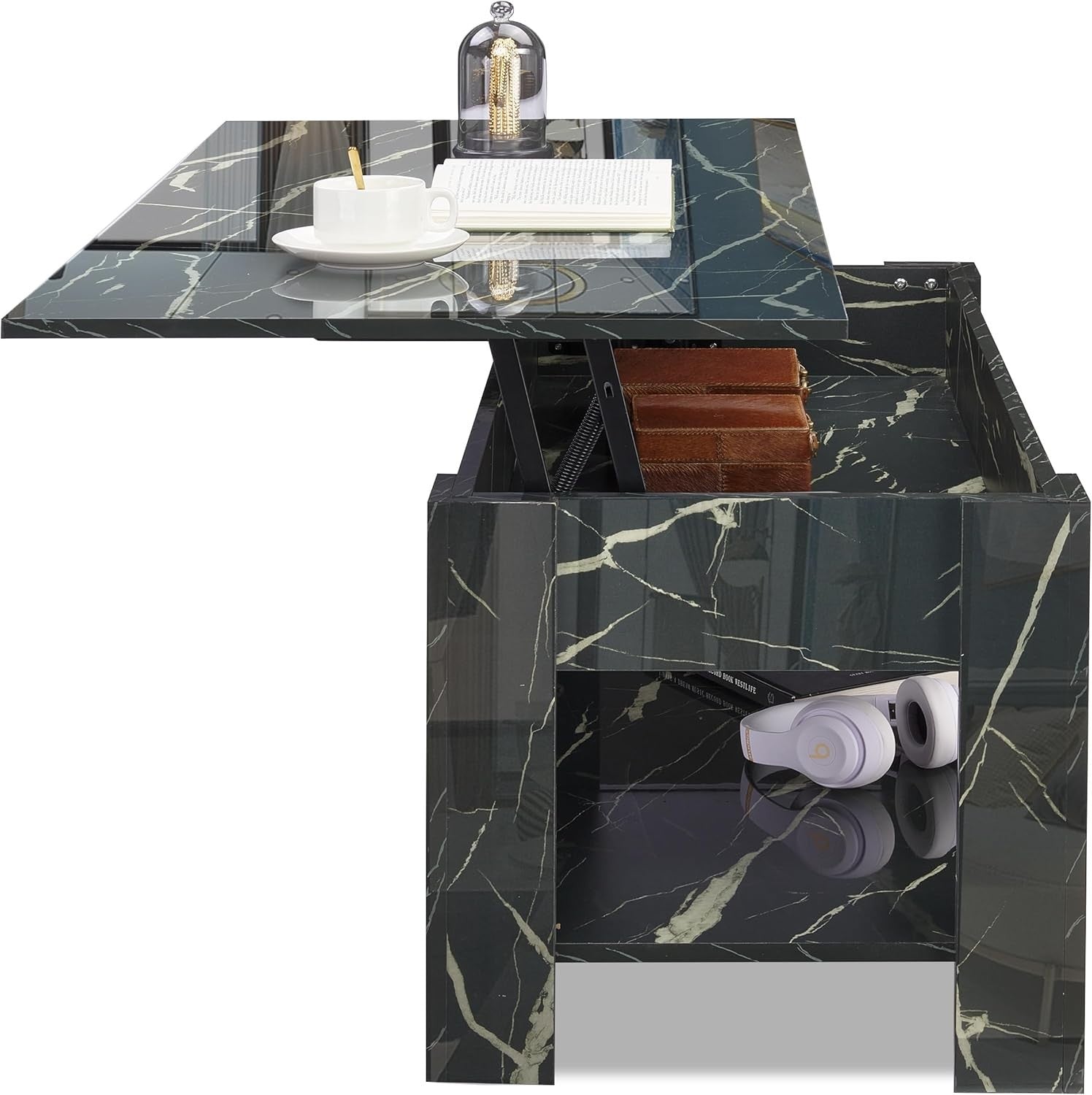 High Gloss Lift Top Coffee Table with Storage Black Marble 120cm Modern