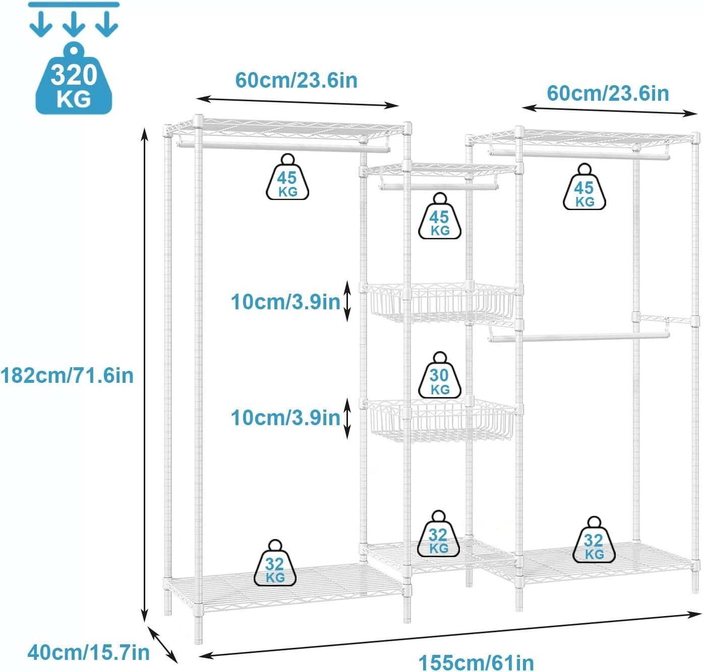 Heavy Duty Clothes Rail White with Shelves & Baskets 320kg