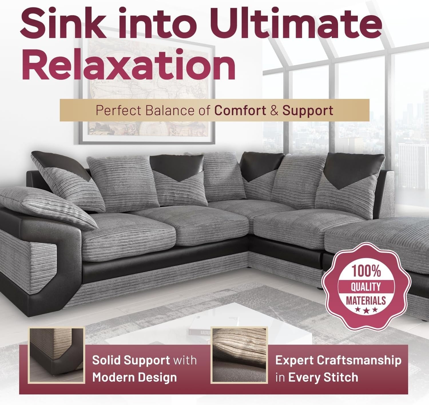 5-Seater Left Hand L-Shape Corner Sofa Fire Resistant Leather Fabric Comfort