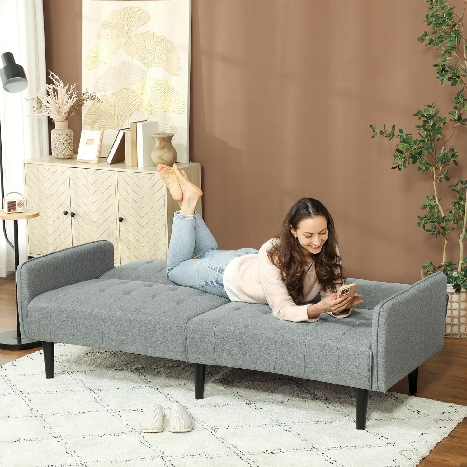 Click Clack Sofa Bed 3 Seater Light Grey Linen Couch w/ Cup Holders