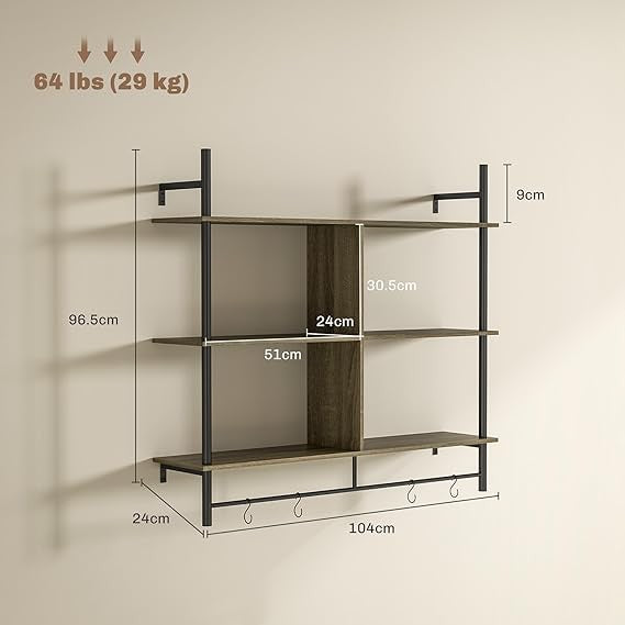 Wall Mounted Ladder Shelf 3-Tier Display Rack with Hooks – Rustic Grey Wood