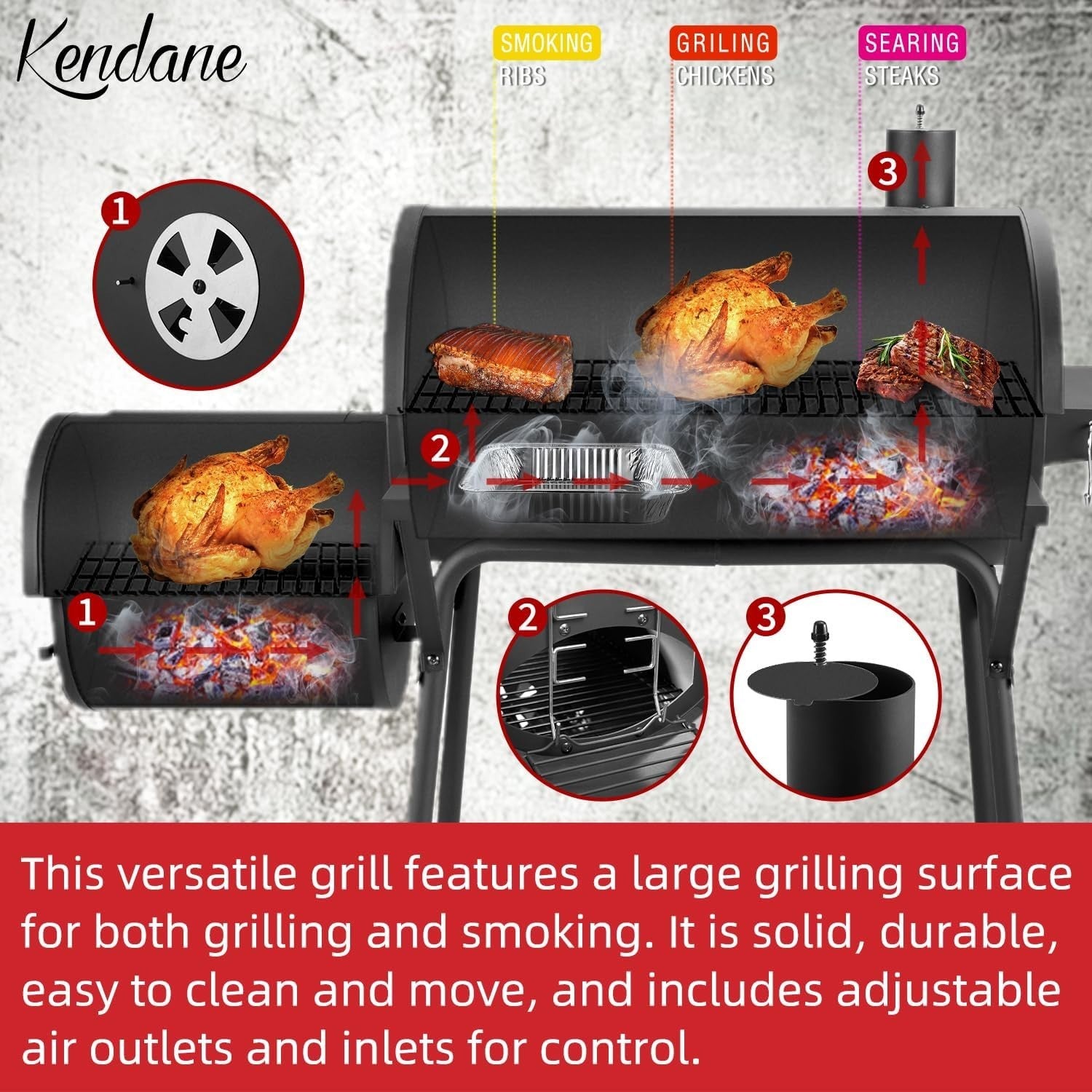 Charcoal BBQ Grill with Offset Smoker, Large Barrel BBQ with Thermometer