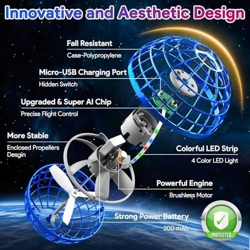 LED Flying Ball Toy with 360° Spin, Rechargeable Hand-Controlled Drone Gift