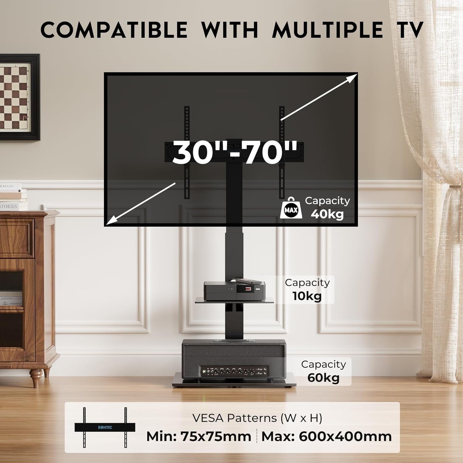 Universal TV Floor Stand 30-70” Tilt Swivel 2-Tier Shelf Max 40kg VESA 600x400