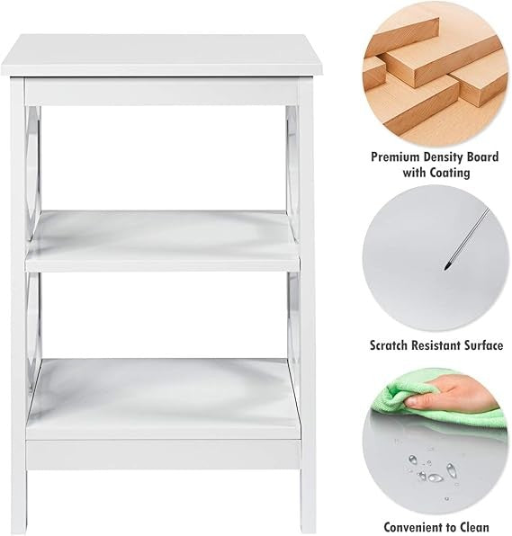 White 3-Tier Bedside Table with Storage Shelves | Modern Wooden Nightstand
