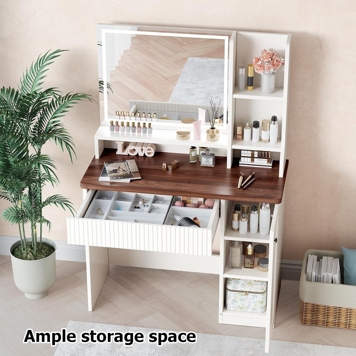 Modern Vanity Dressing Table LED Mirror Large Storage Makeup Desk Beige