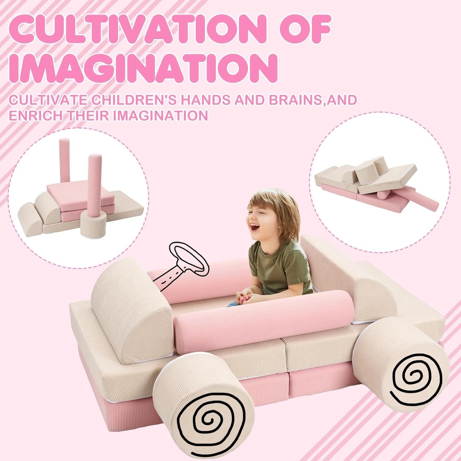 10PCS Kids Modular Sofa Bed Convertible Play Couch Armchair Foam Set Pink Beige