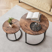 Nesting Coffee Tables Set of 2 Round Wood & Metal Frame Side End Table Black-bro