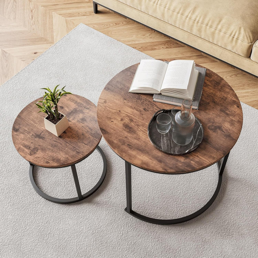 Nesting Coffee Tables Set of 2 Round Wood & Metal Frame Side End Table Black-bro