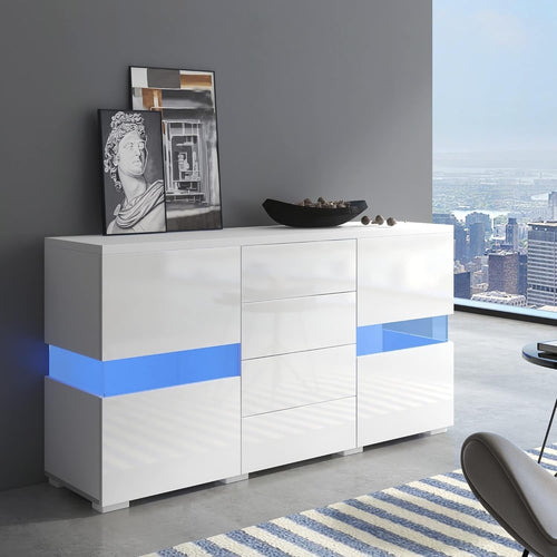 White Gloss LED Sideboard Cabinet 2 Door 4 Drawer Storage RGB USB