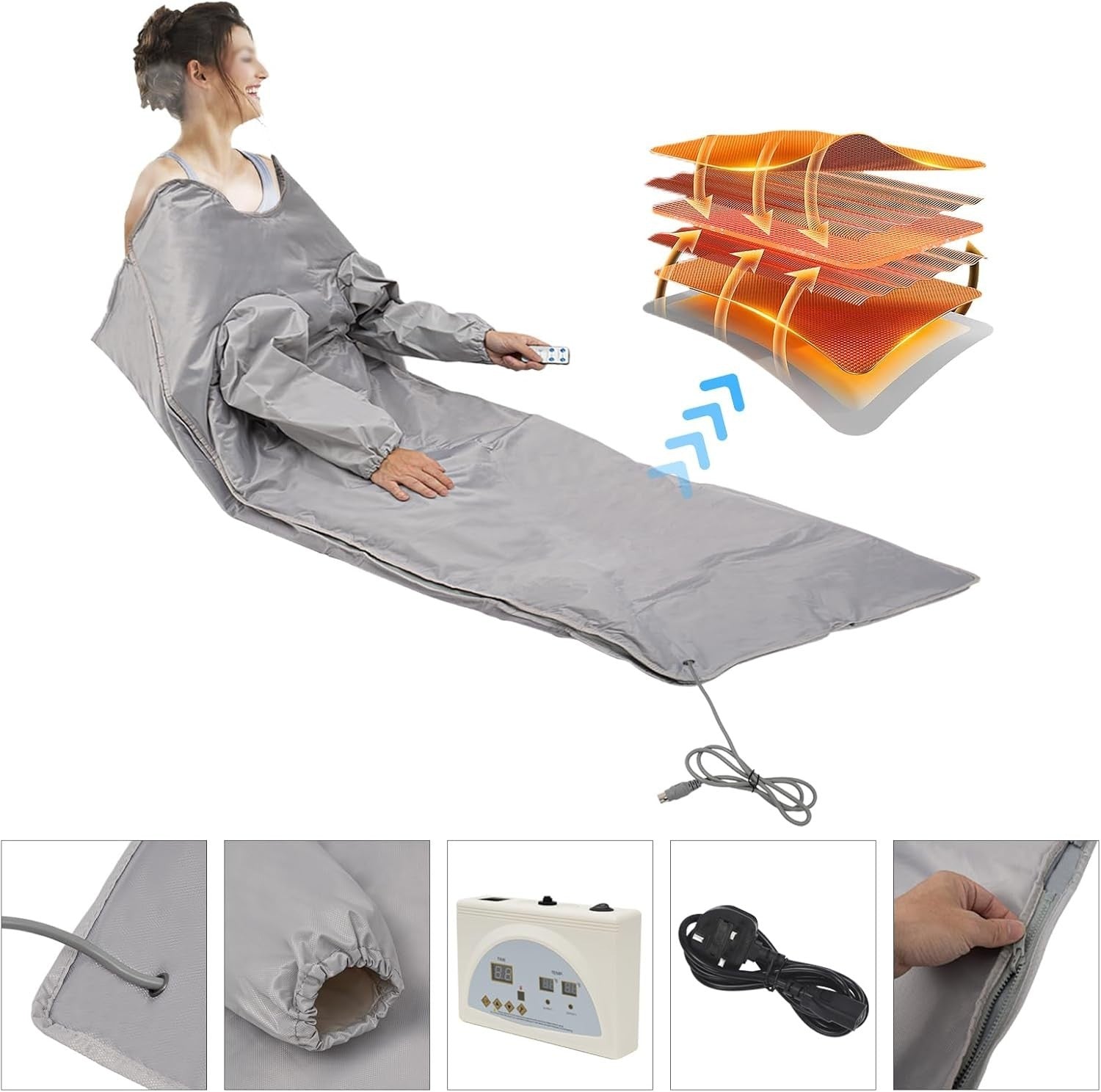 Far Infrared Sauna Blanket Dual Zone 650W Silver w/ Remote – Foldable Home Spa