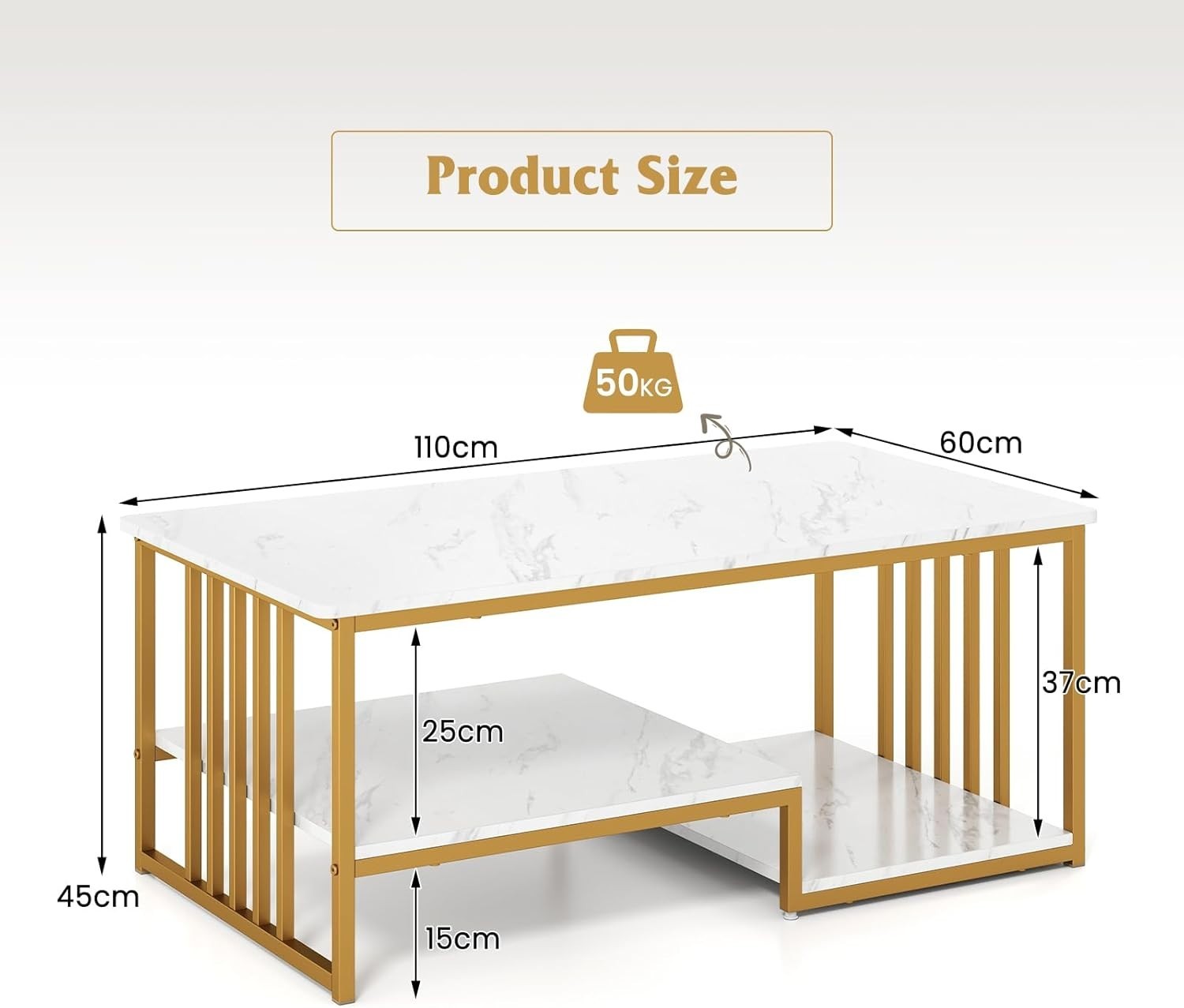 White Gold 3-Tier Coffee Table with Open Storage Shelves Faux Marble Modern