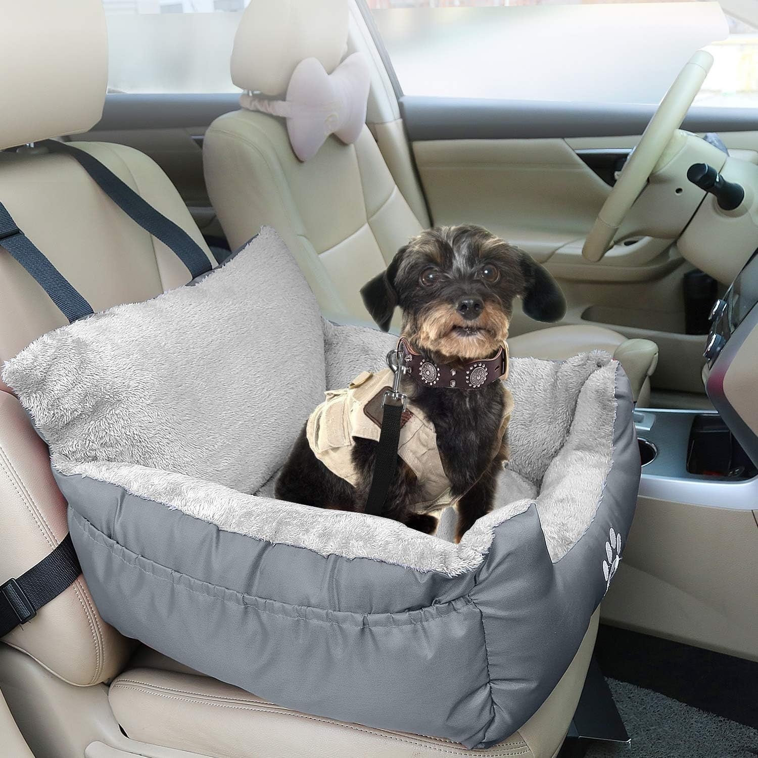 Pet Car Booster Seat Plush Dog Travel Bed Safety Leash Waterproof Grey