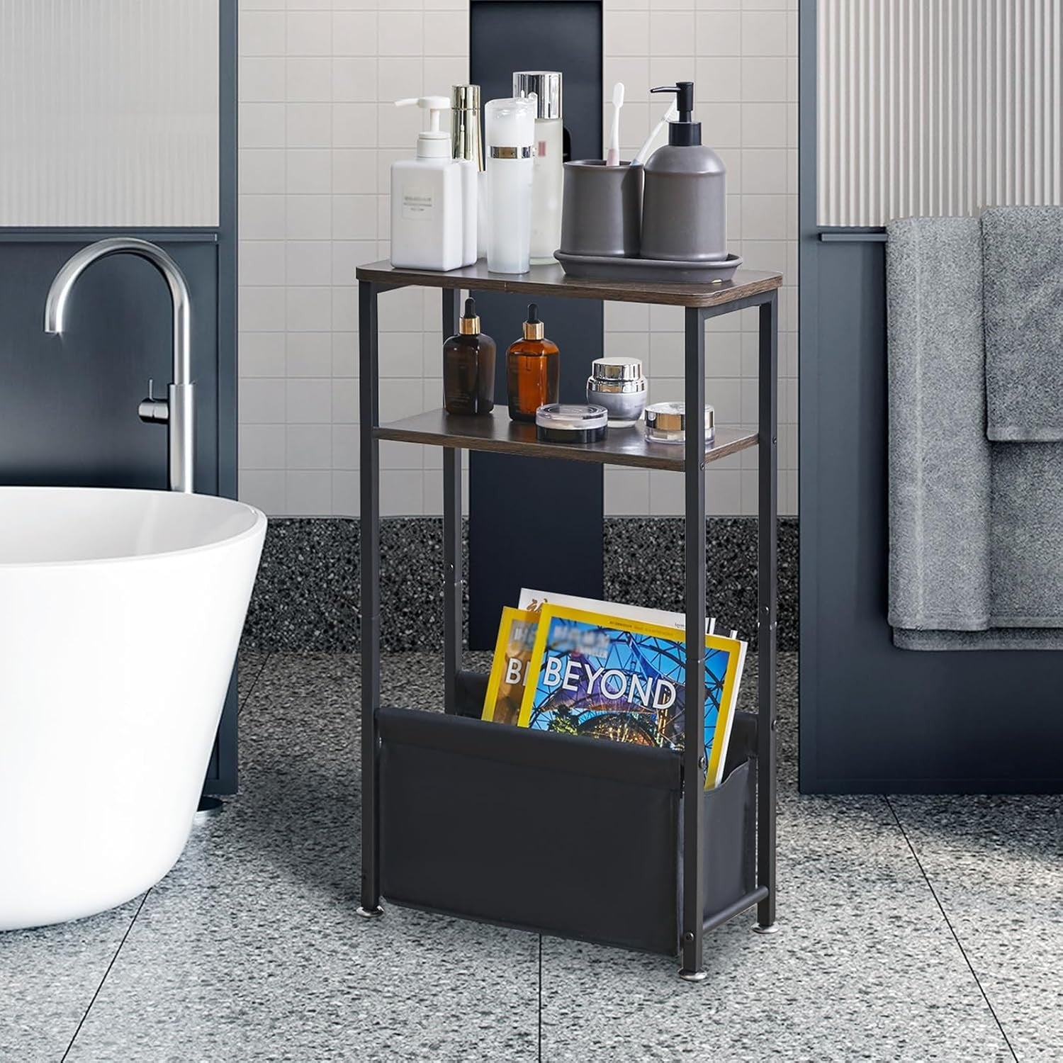 Slim 3-Tier Side Table Storage Basket – Narrow Bedside/End Table for Small