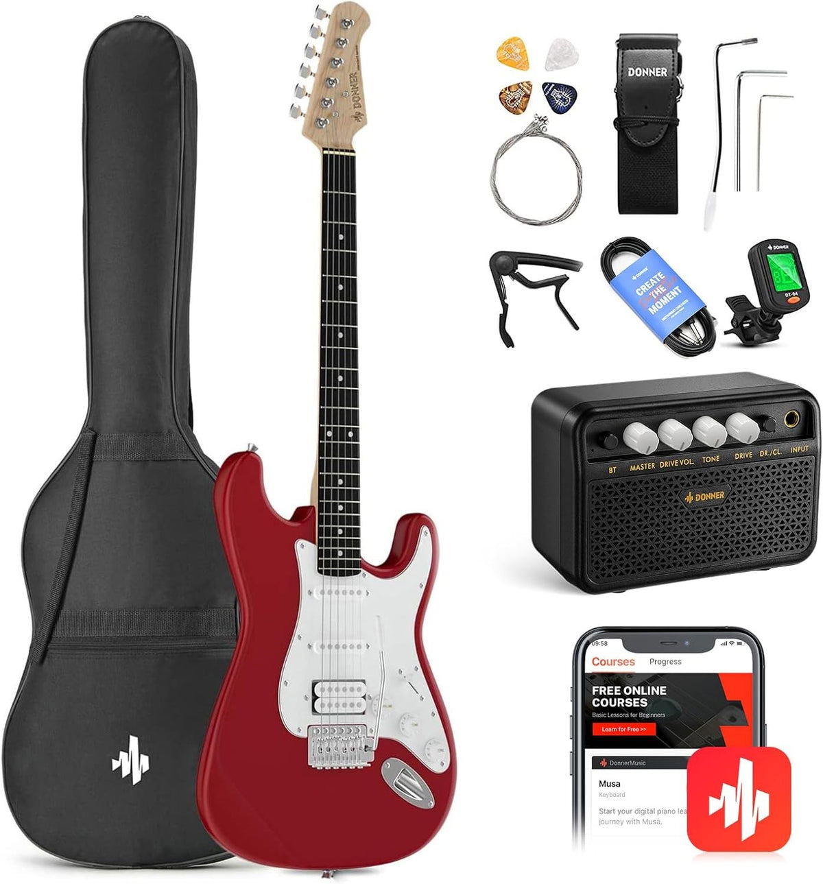 39in Electric Guitar Starter Kit HSS Red w Amp & Bag
