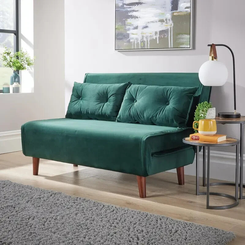 Green Velvet Double Sofa Bed 2 Seater w/ Pillows Fold Out Guest Sleeper