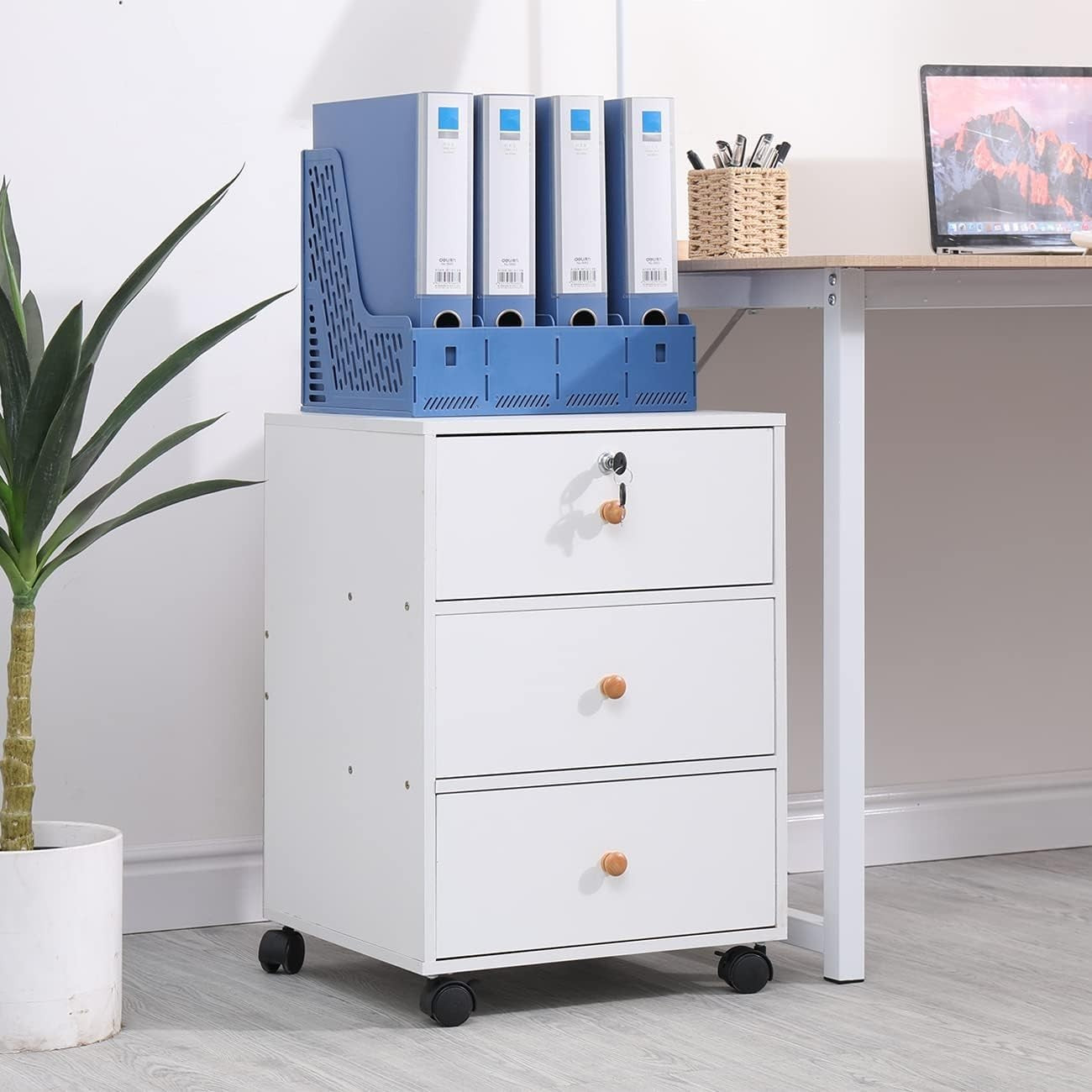 White Lockable Rolling File Cabinet 3 Drawer Under Desk Storage