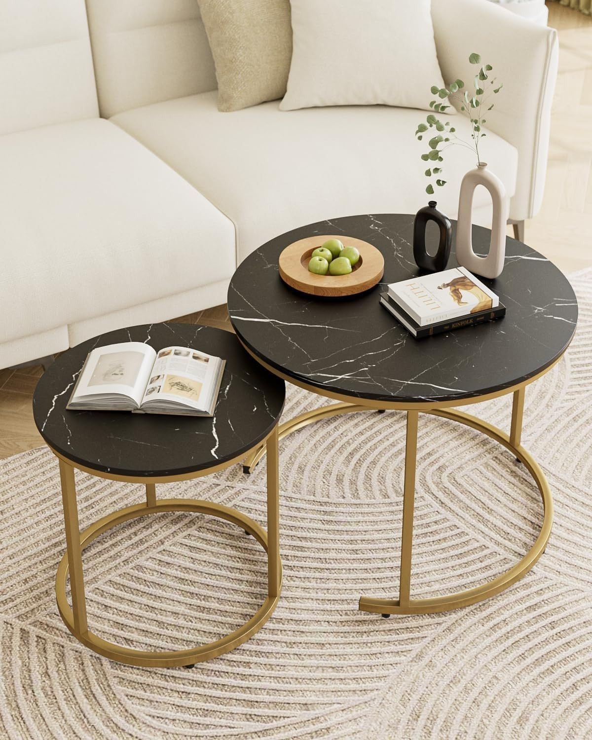 Round Nesting Coffee Tables Set of 2 Grey Top Black Frame, Space Black and Gold