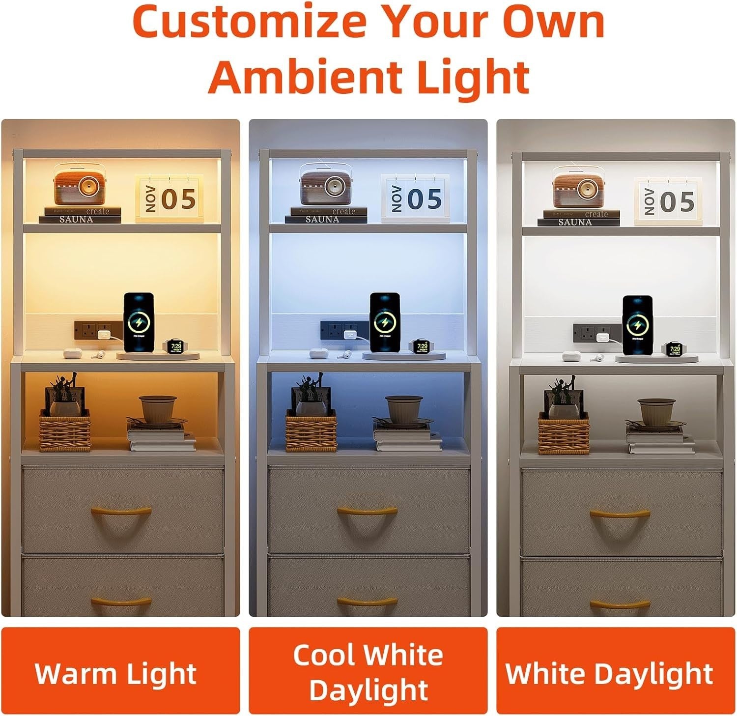 Tall Bedside Table with USB Charging, 3 Drawers + Shelves