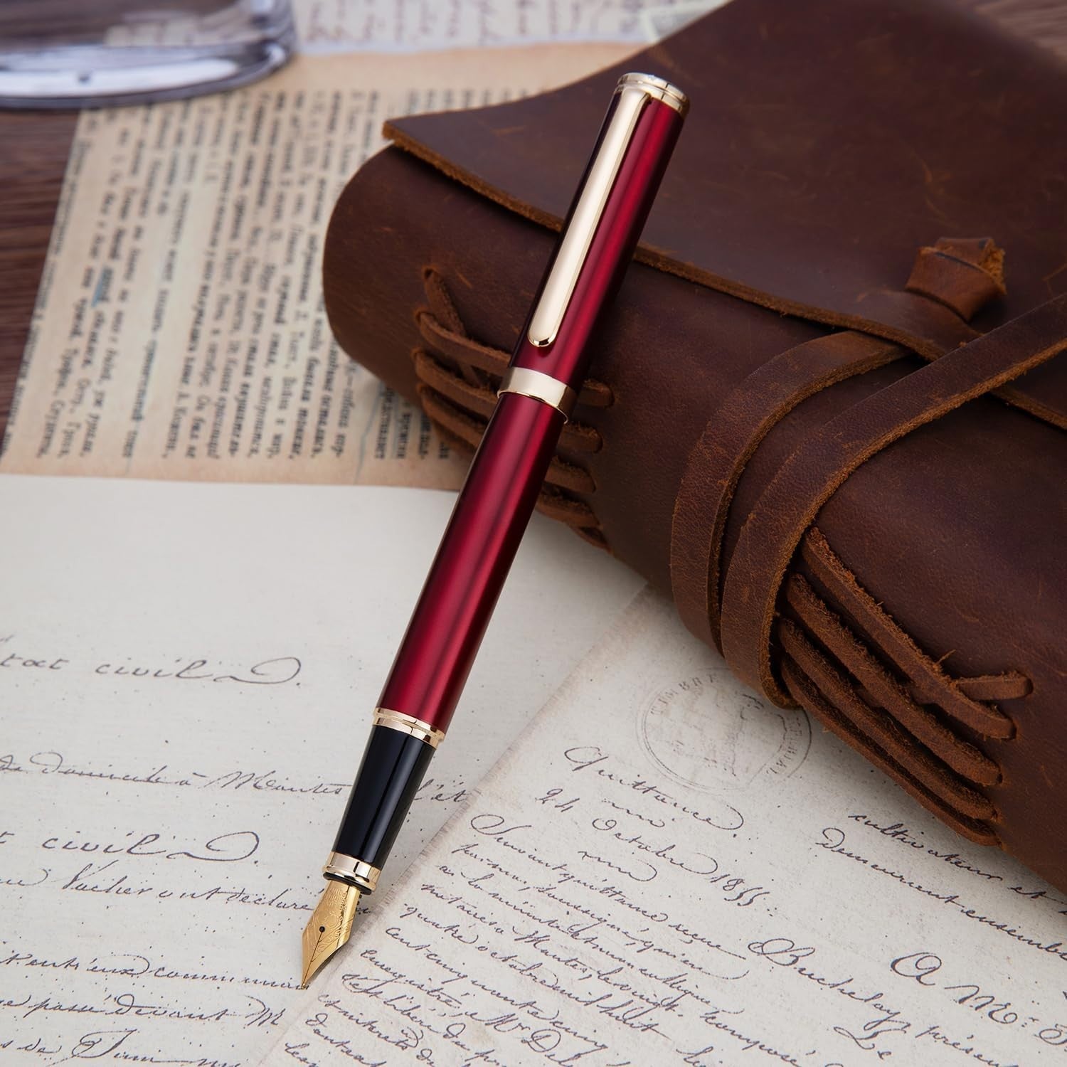 Luxury Red Fountain Pen Fine Nib Gold Finish German Ink Converter Gift