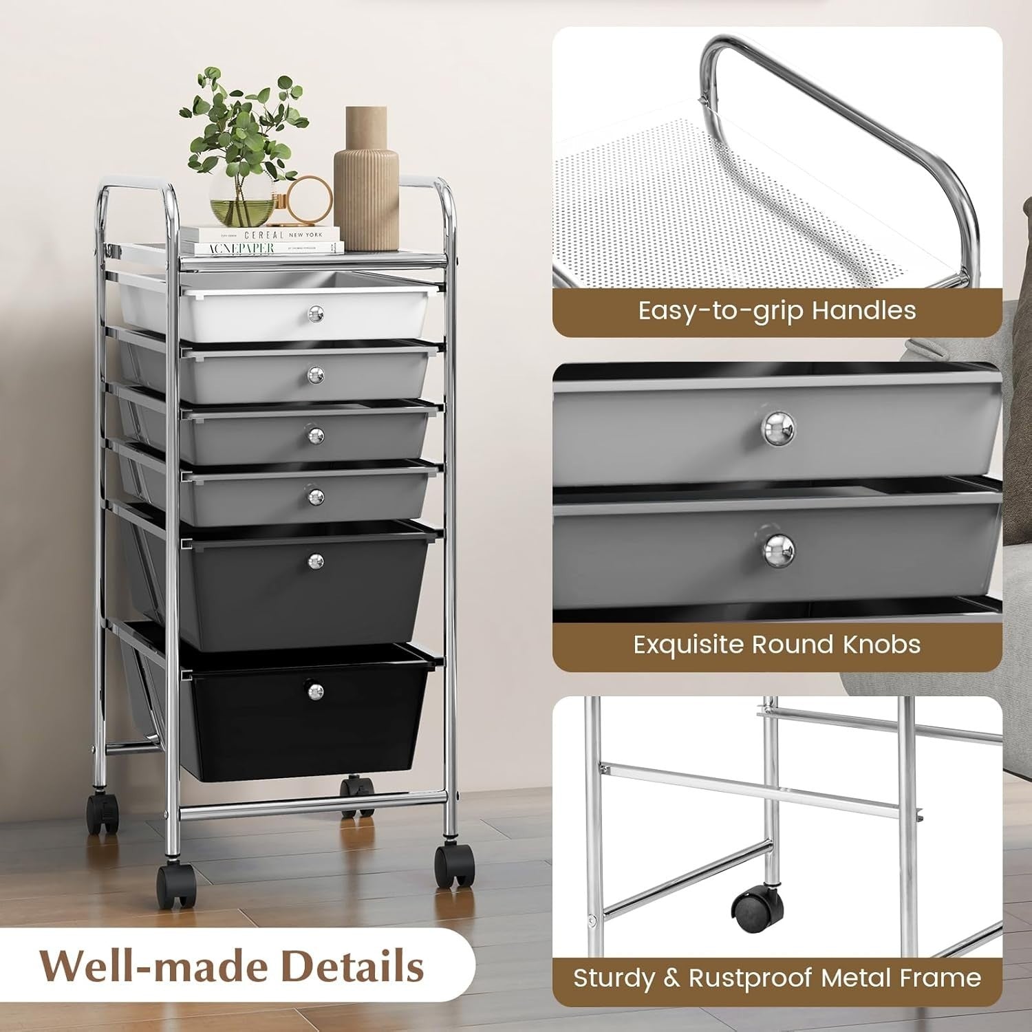 6 Drawer Rolling Storage Cart Utility Trolley Organizer Lockable Wheels