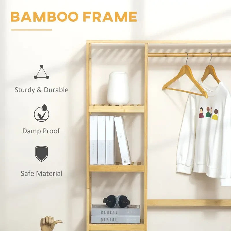 Bamboo Garment Rack with Hanging Rail & Shelves | Clothes Stand & Hooks