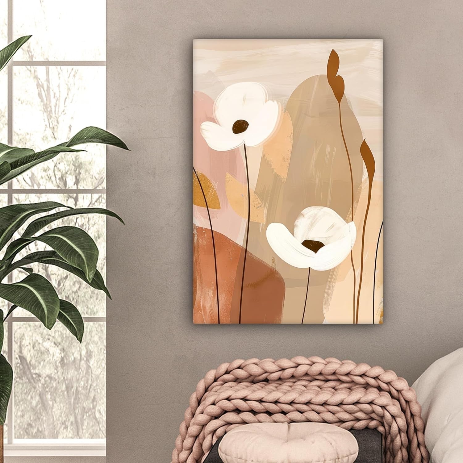 Abstract Floral Canvas Wall Art 40x60cm Framed Modern Beige