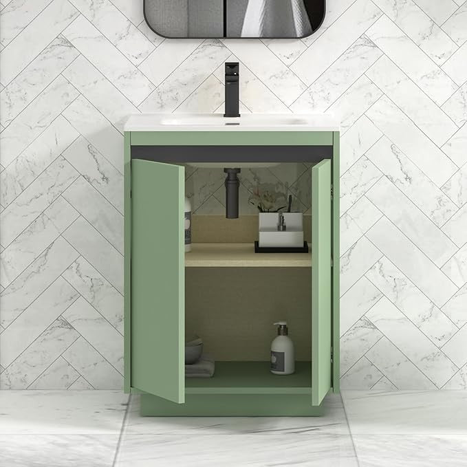 600mm Mint Green Floor Standing Vanity Unit with Basin Sink 2 Door Cabinet