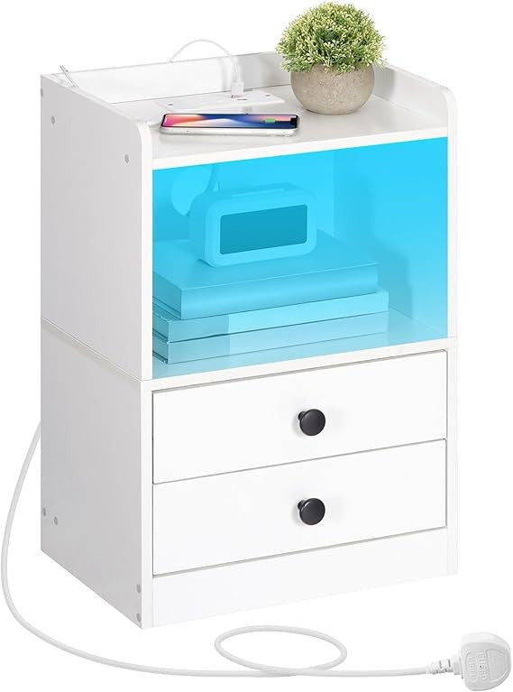 Modern LED Bedside Table with Charging Station, 2 Drawers, Storage Shelf White