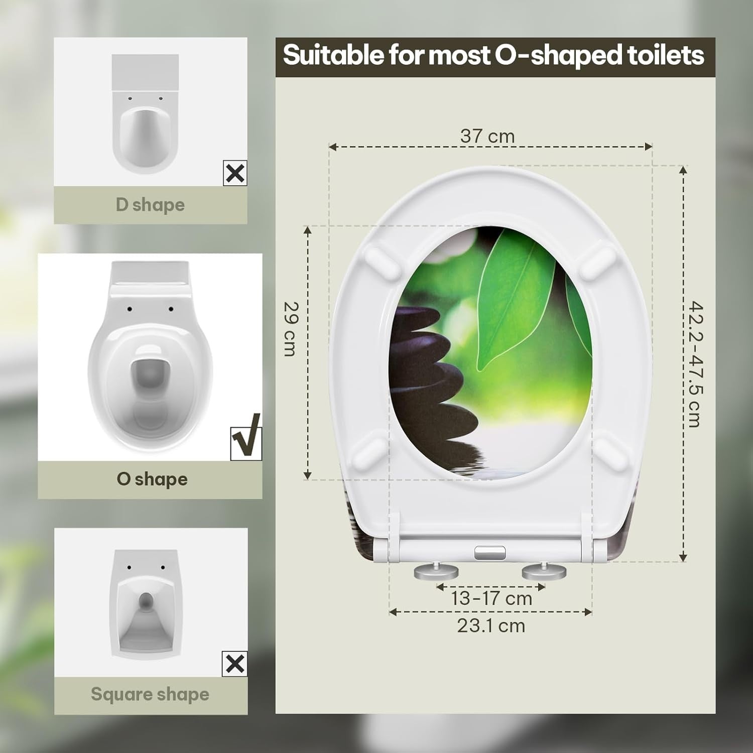 Soft Close O-Shaped Toilet Seat Quick Release Duroplast Green Leaves Print