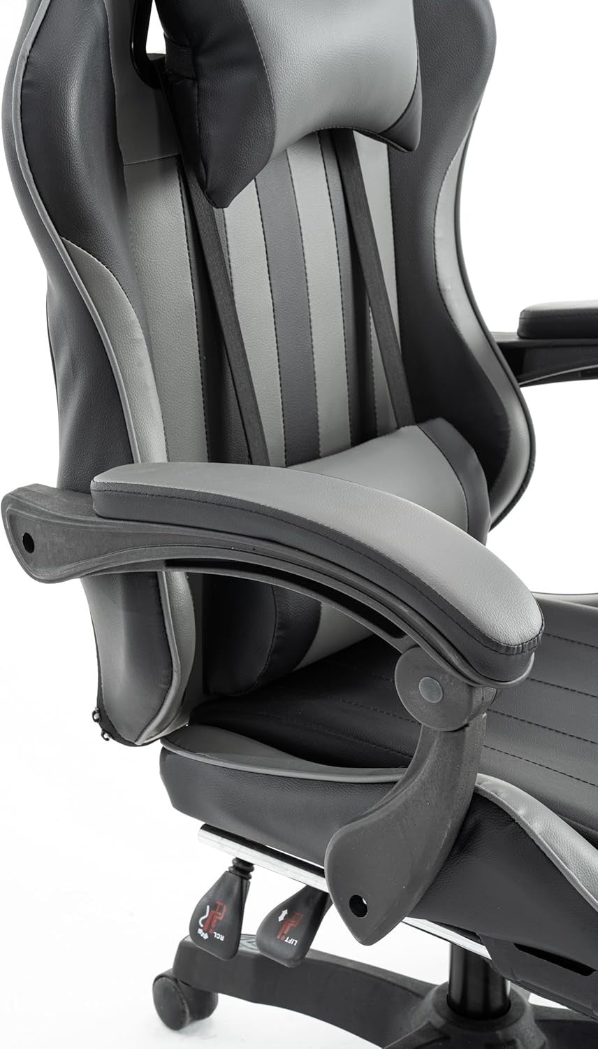 Ergonomic Gaming Chair Grey Faux Leather Adjustable Height Swivel Office Desk PC