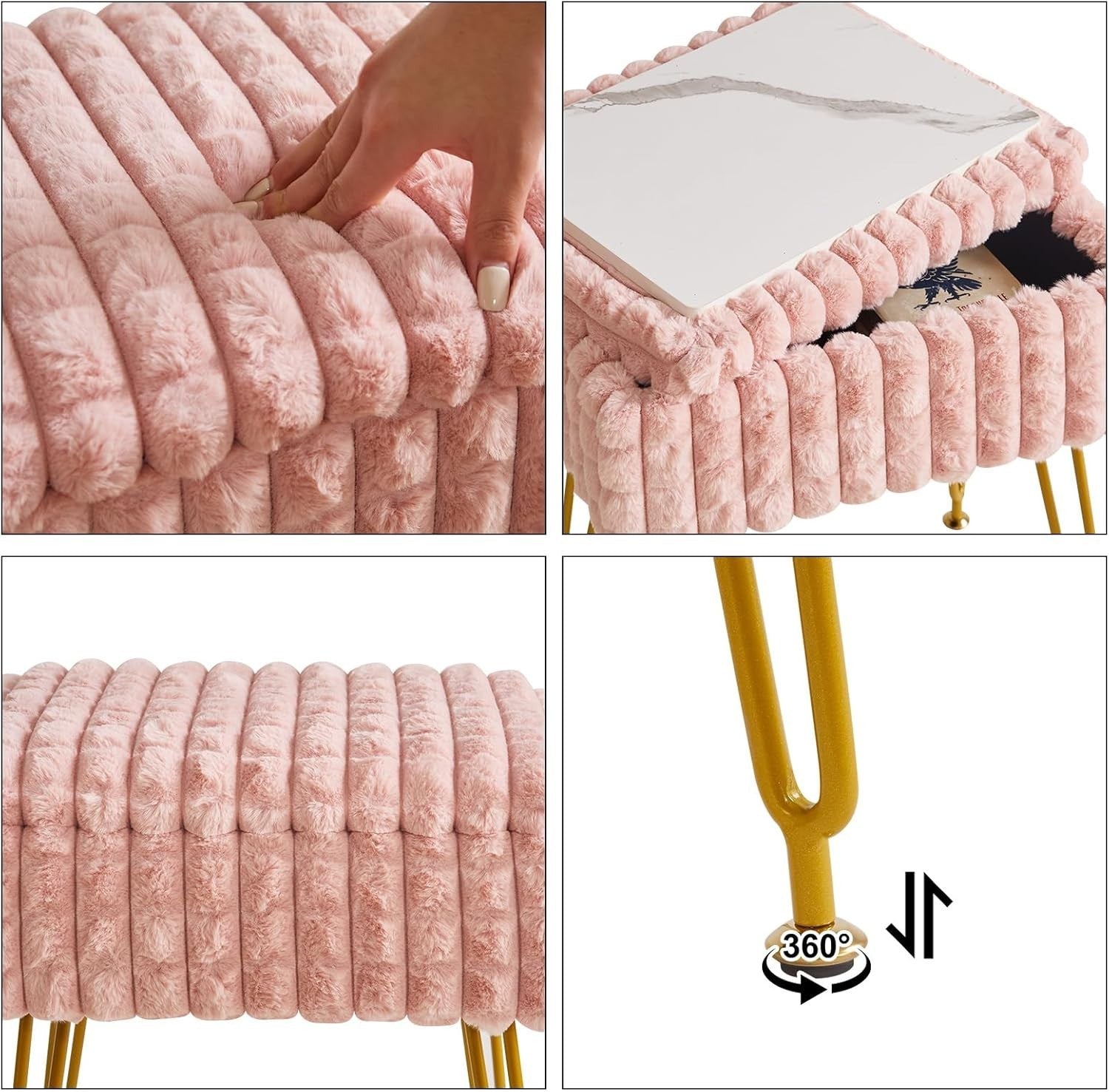 Pink Rectangular Vanity Stool with Storage – Padded Seat & Metal Legs