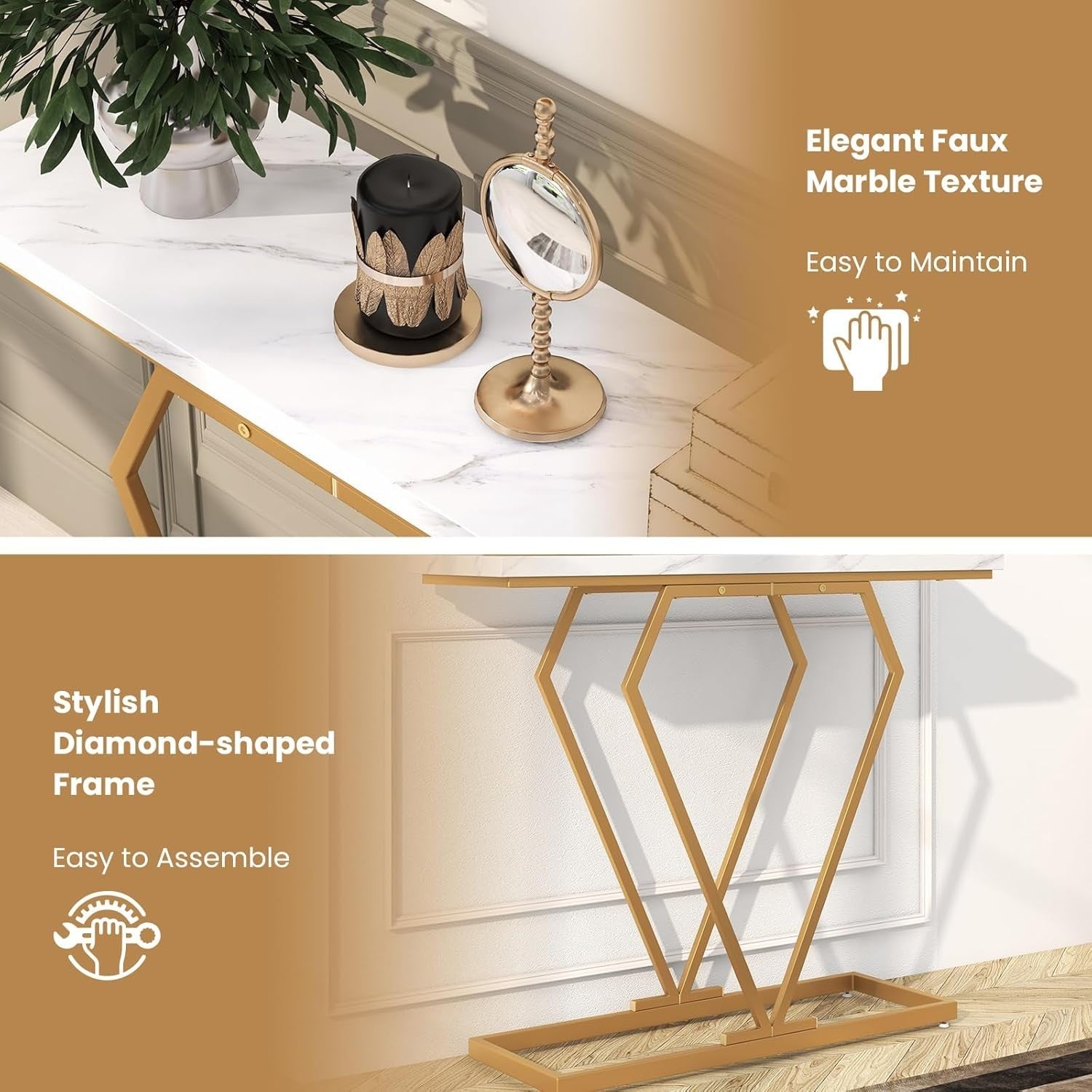 Narrow Console Table 100cm Marble Top with Gold Geometric Frame - Slim
