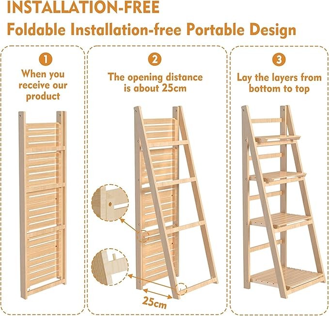 4 Tier Wooden Ladder Plant Stand Foldable Shelf Indoor Outdoor Display Rack