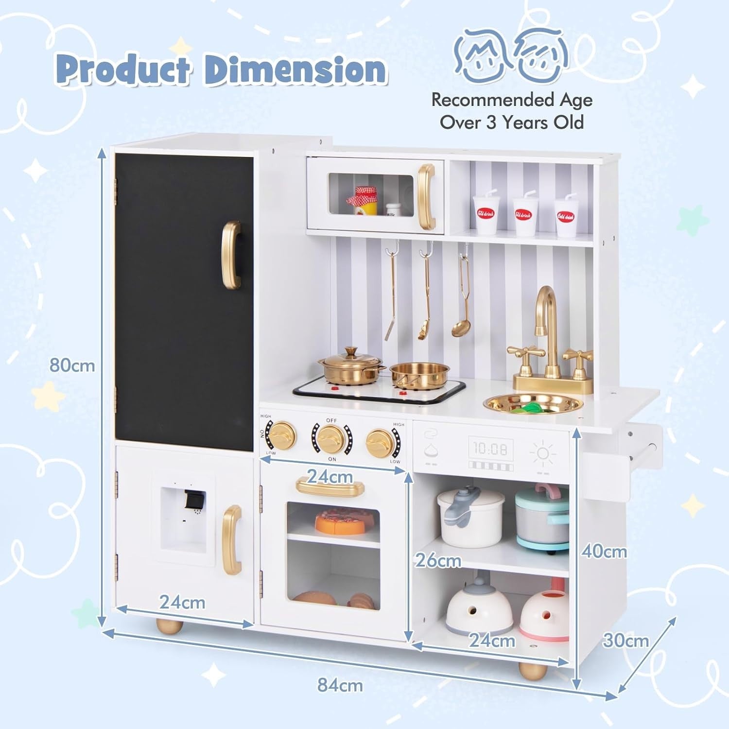 Kids Wooden Play Kitchen Lights Sounds Water Dispenser White Gold