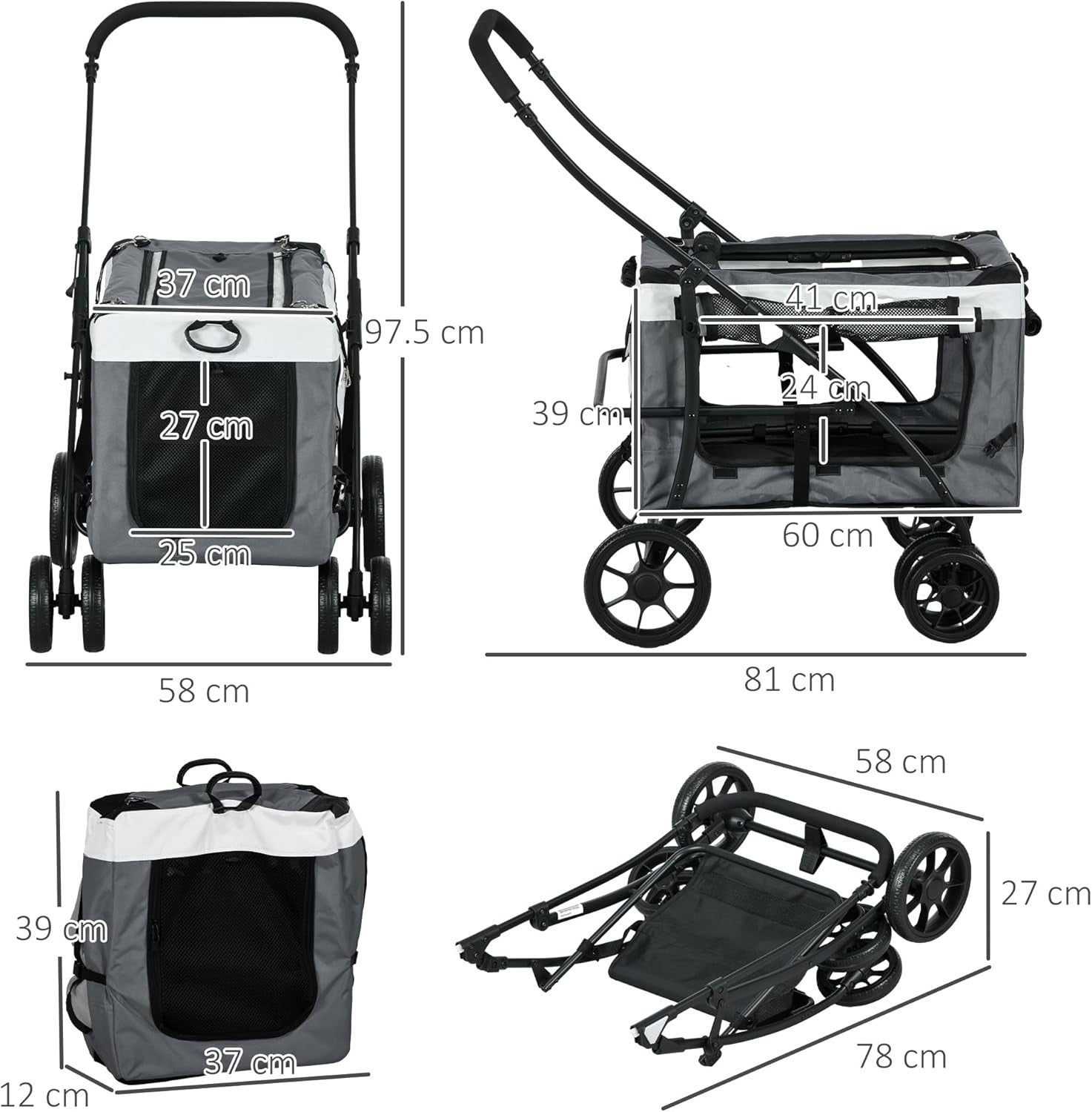 Dog Stroller Grey Detachable Carrier Pet Pram Small Dogs Safety Leashes