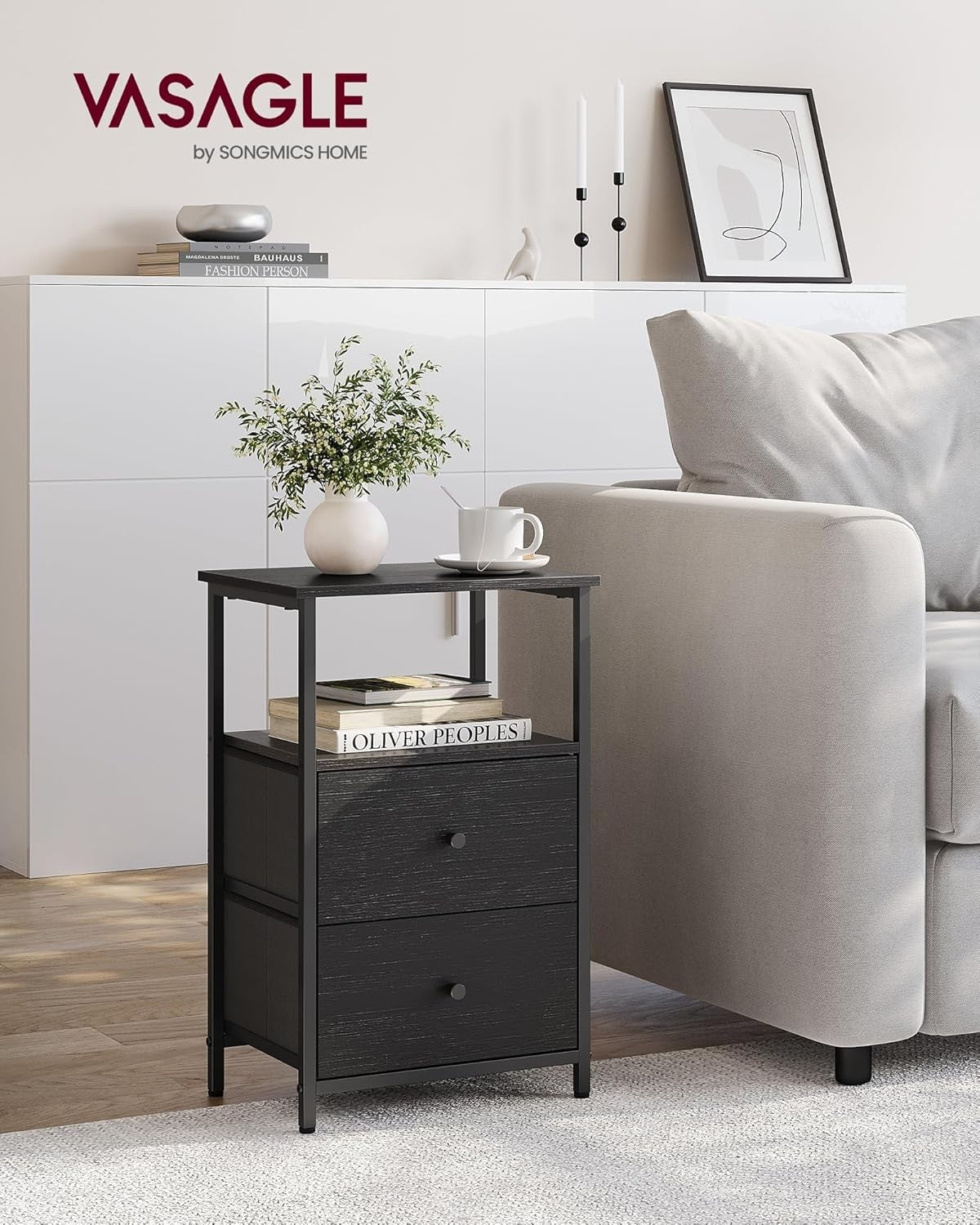 Tall Bedside Tables with Shelf & Fabric Drawers, Modern 24-Inch Storage Set of 2