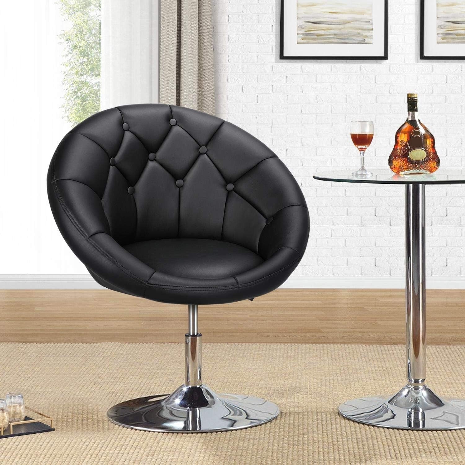 Black PU Leather Swivel Vanity Chair Adjustable Tufted Armchair for Makeup