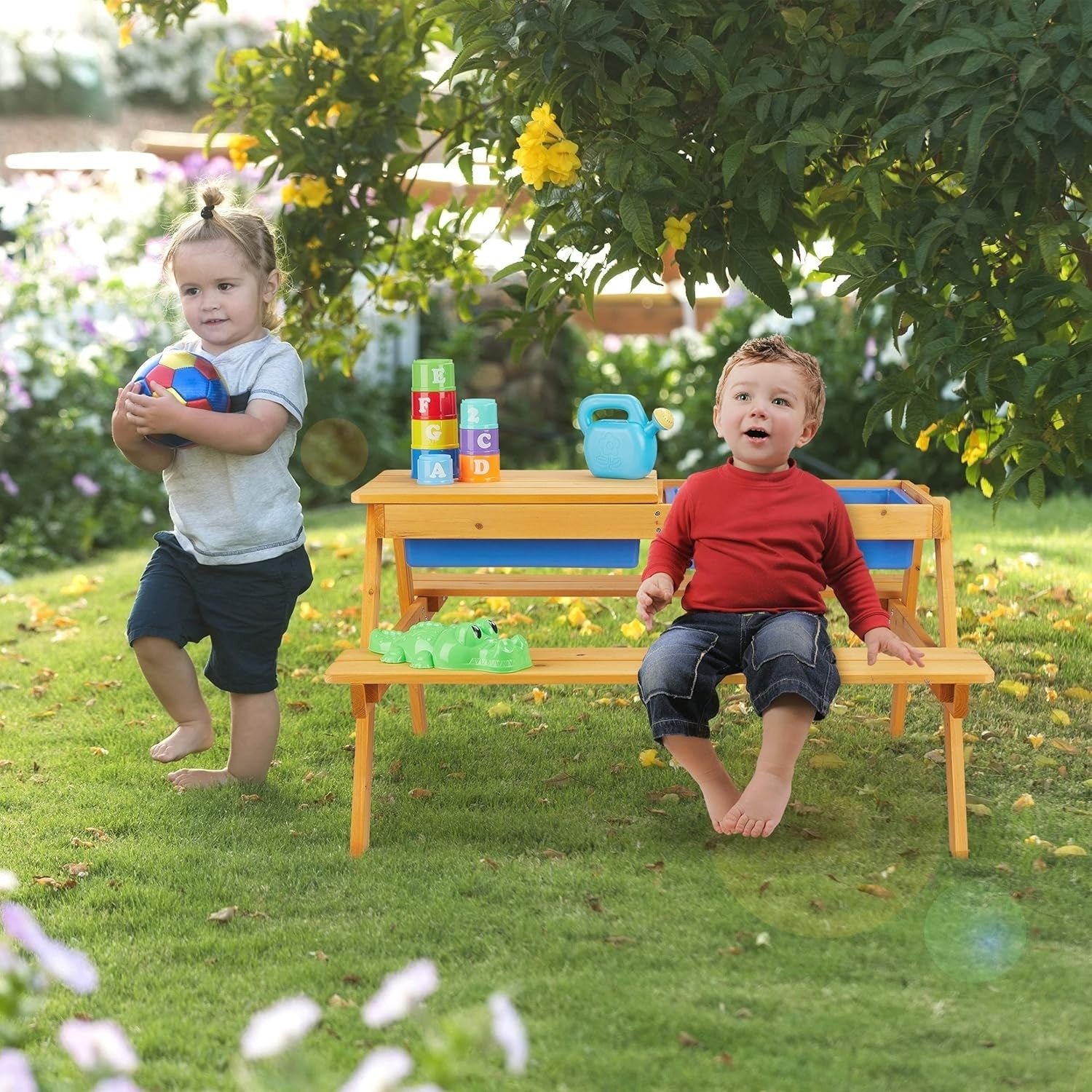 Kids Wooden Picnic Table with Benches & Mud Kitchen Play Tubs 90x85x49cm