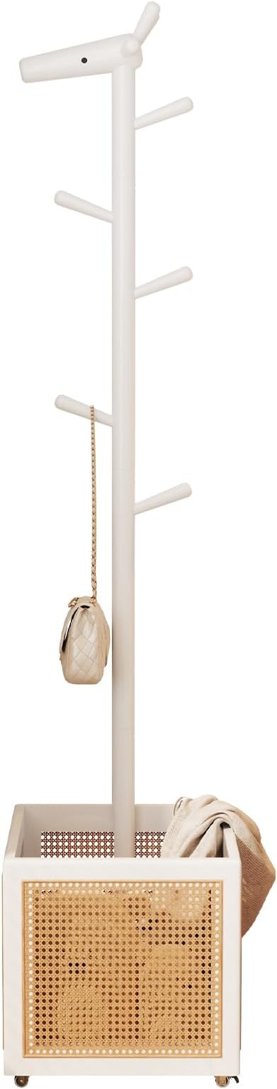 White Wooden Coat Rack Stand | 5 Hooks with Storage Basket Hall Tree