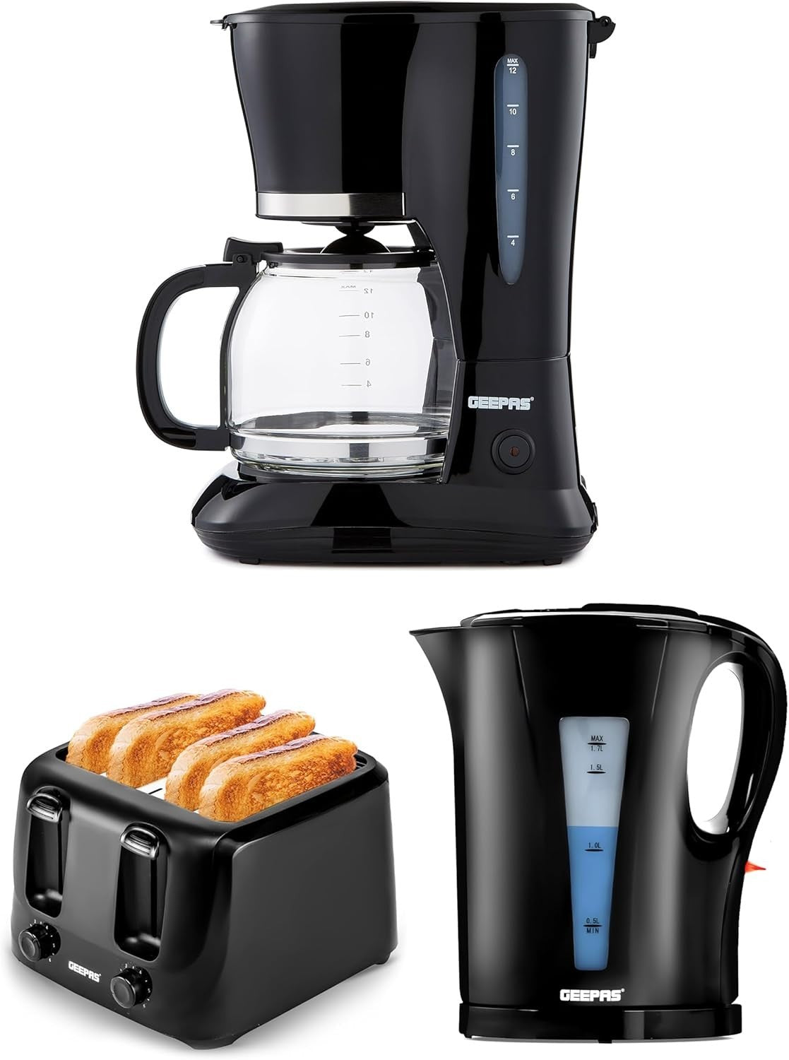 Coffee Maker Kettle Toaster Set | 1.5L Brew | 1.7L Jug | 4 Slice | Black