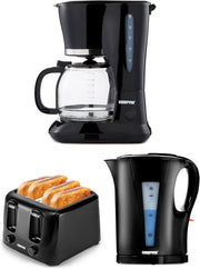 Coffee Maker Kettle Toaster Set | 1.5L Brew | 1.7L Jug | 4 Slice | Black