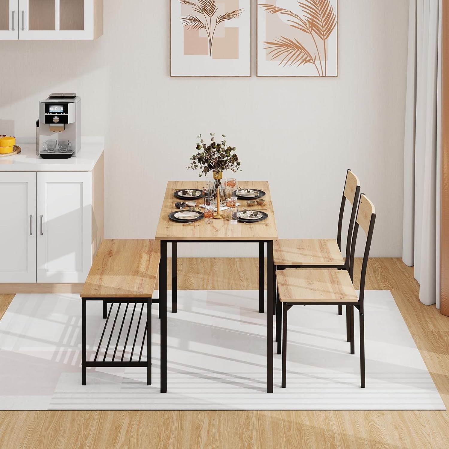 Oak Dining Table Set with 2 Chairs & Bench | Space-Saving, Modern Design