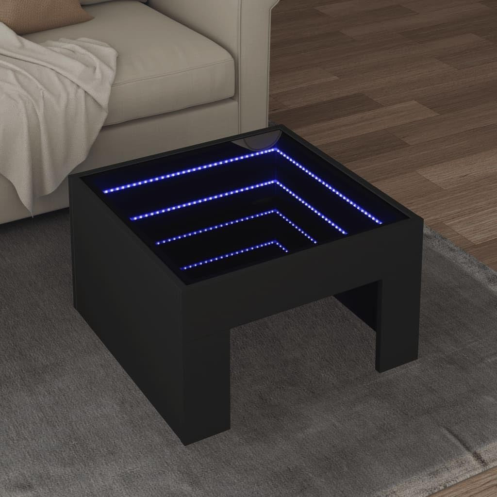 Black LED Coffee Table with Infinity Mirror RGB Lights | Modern Glass Top 70x50x